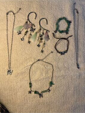 Silver Butterfly and Green Bead Necklace Set - Women's Jewelry